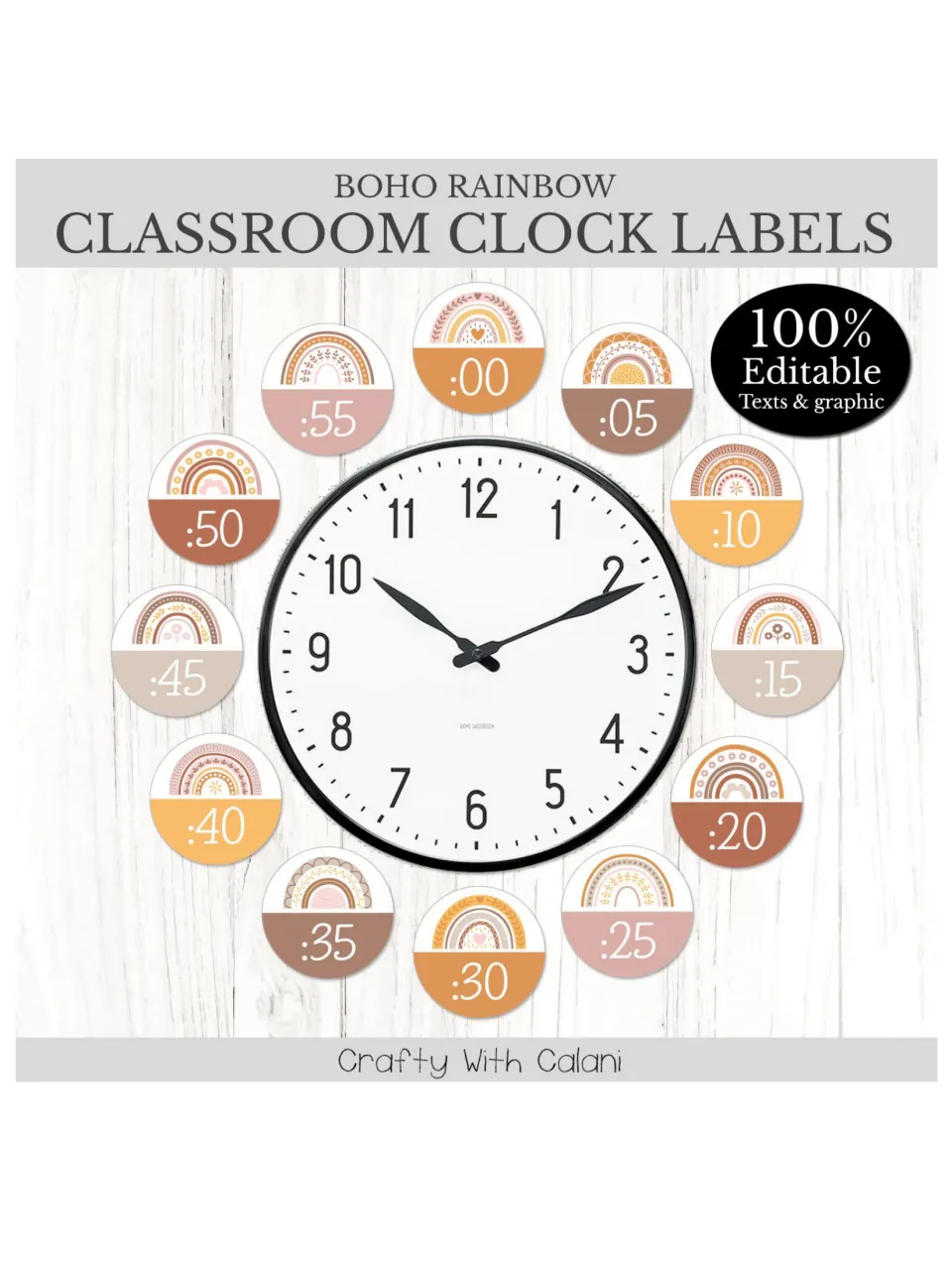 Boho Rainbow Classroom Clock Labels cover: rainbow circles marked :00 to :55 placed around a wall clock, editable