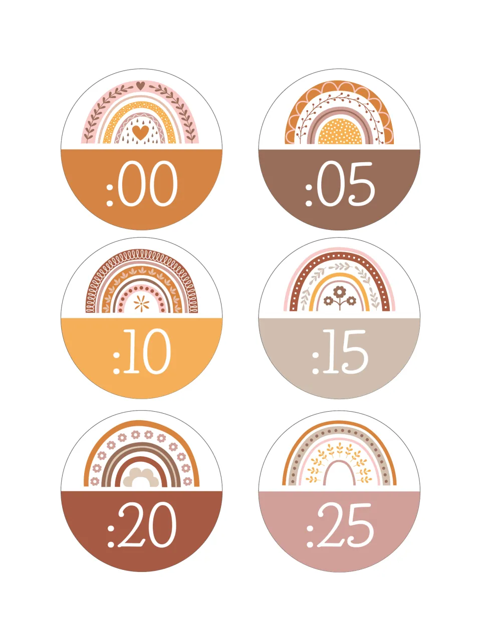 Minute labels :00, :05, :10, :15, :20 and :25, each a circle with a boho rainbow above the number, to cut out