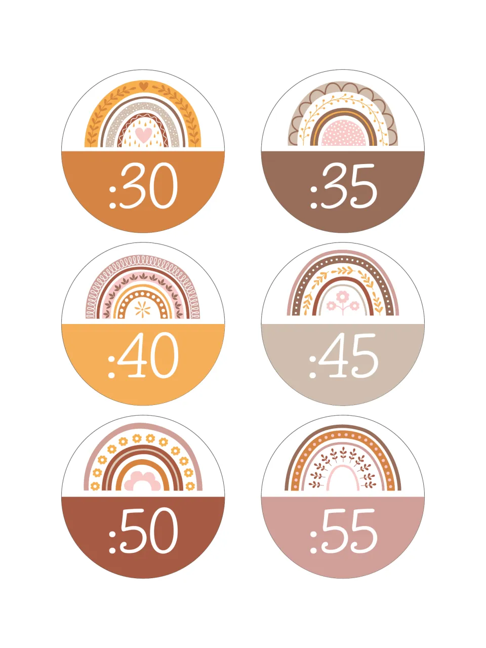Minute labels :30, :35, :40, :45, :50 and :55 with boho rainbow art, completing the set of five-minute markers
