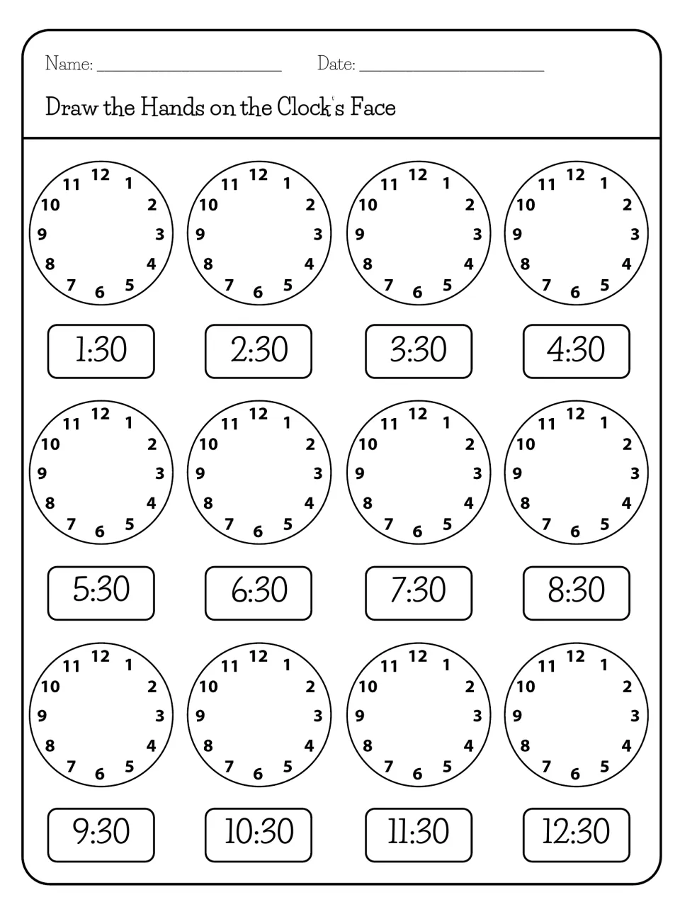 Drawing clock hands for half past: students mark 1:30 through 12:30 on 12 blank analog clock faces