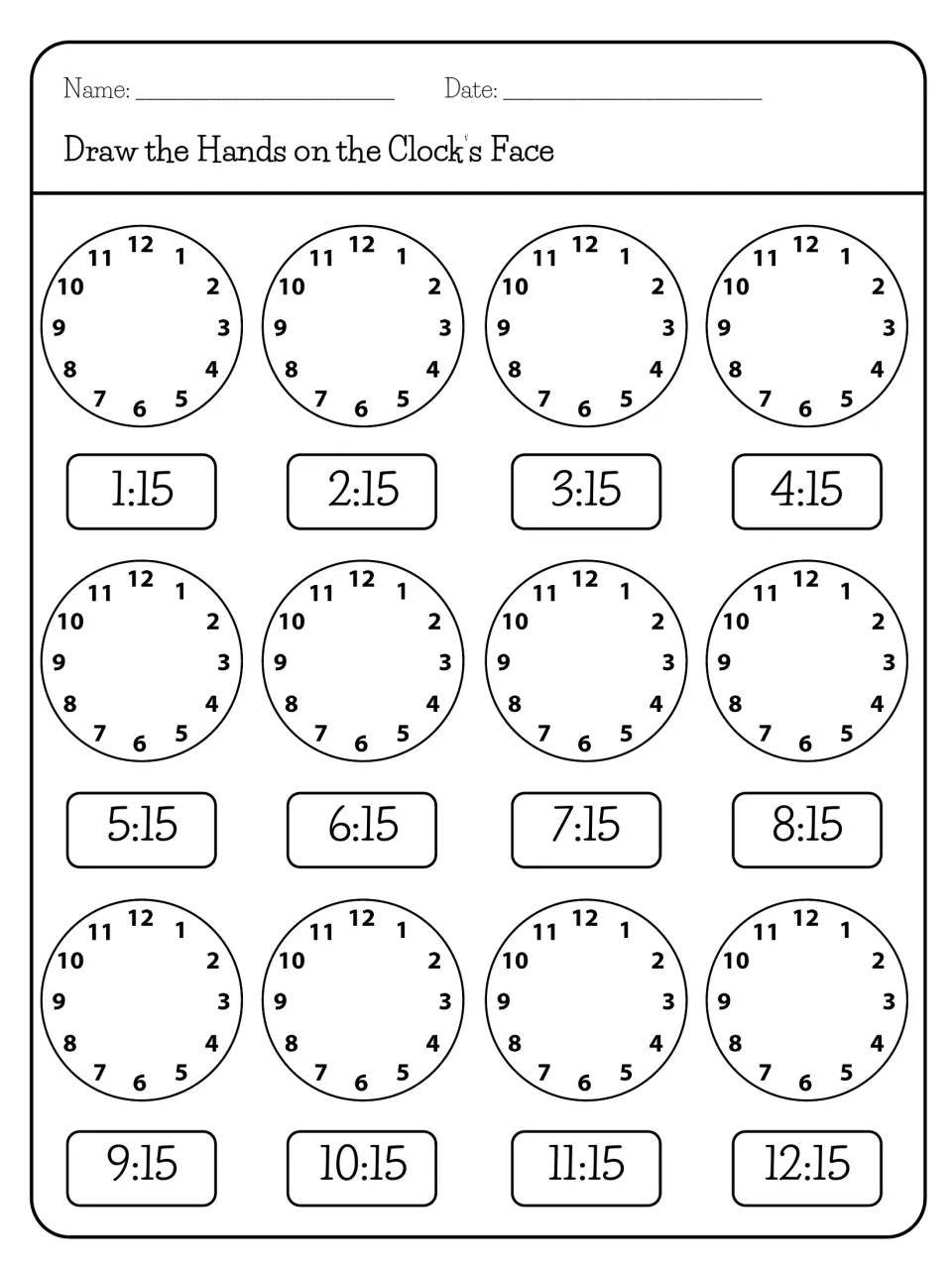 Quarter past the hour: students draw the hour and minute hands for 1:15 through 12:15 on blank analog clocks