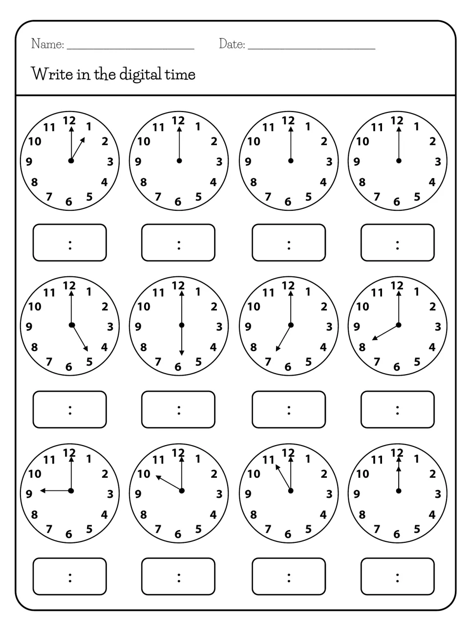 Write in the digital time: students read 12 analog clocks with the minute hand on 12 and write each o'clock time