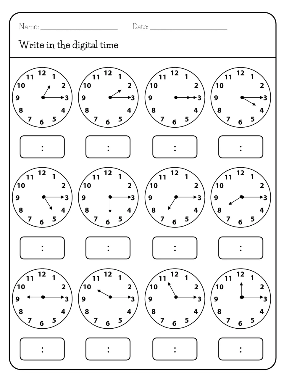Reading quarter past times: students look at 12 clocks with the minute hand on 3 and write the digital time for each