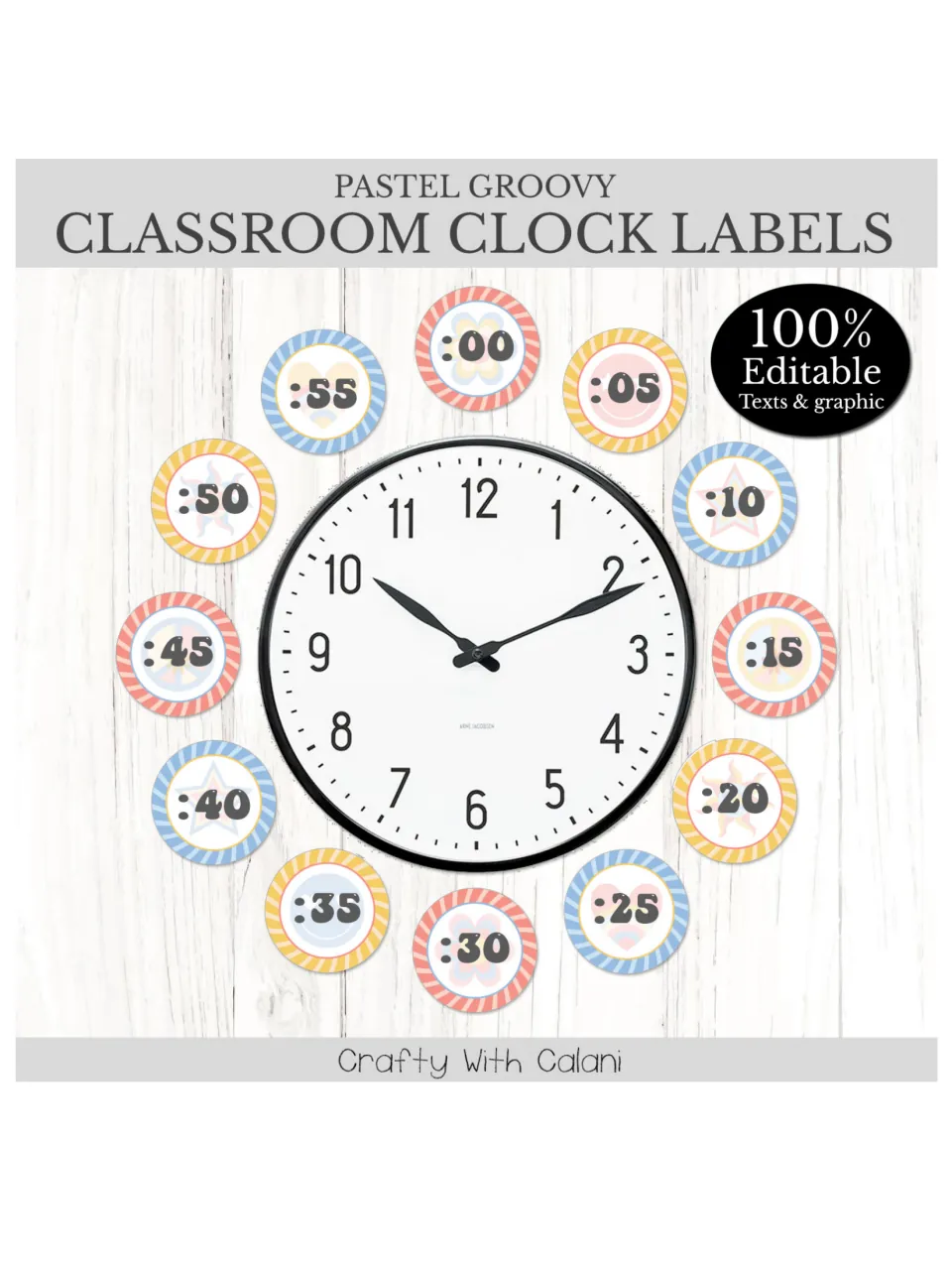Clock label set cover showing an analog clock surrounded by 12 minute labels from :00 to :55 in five-minute steps