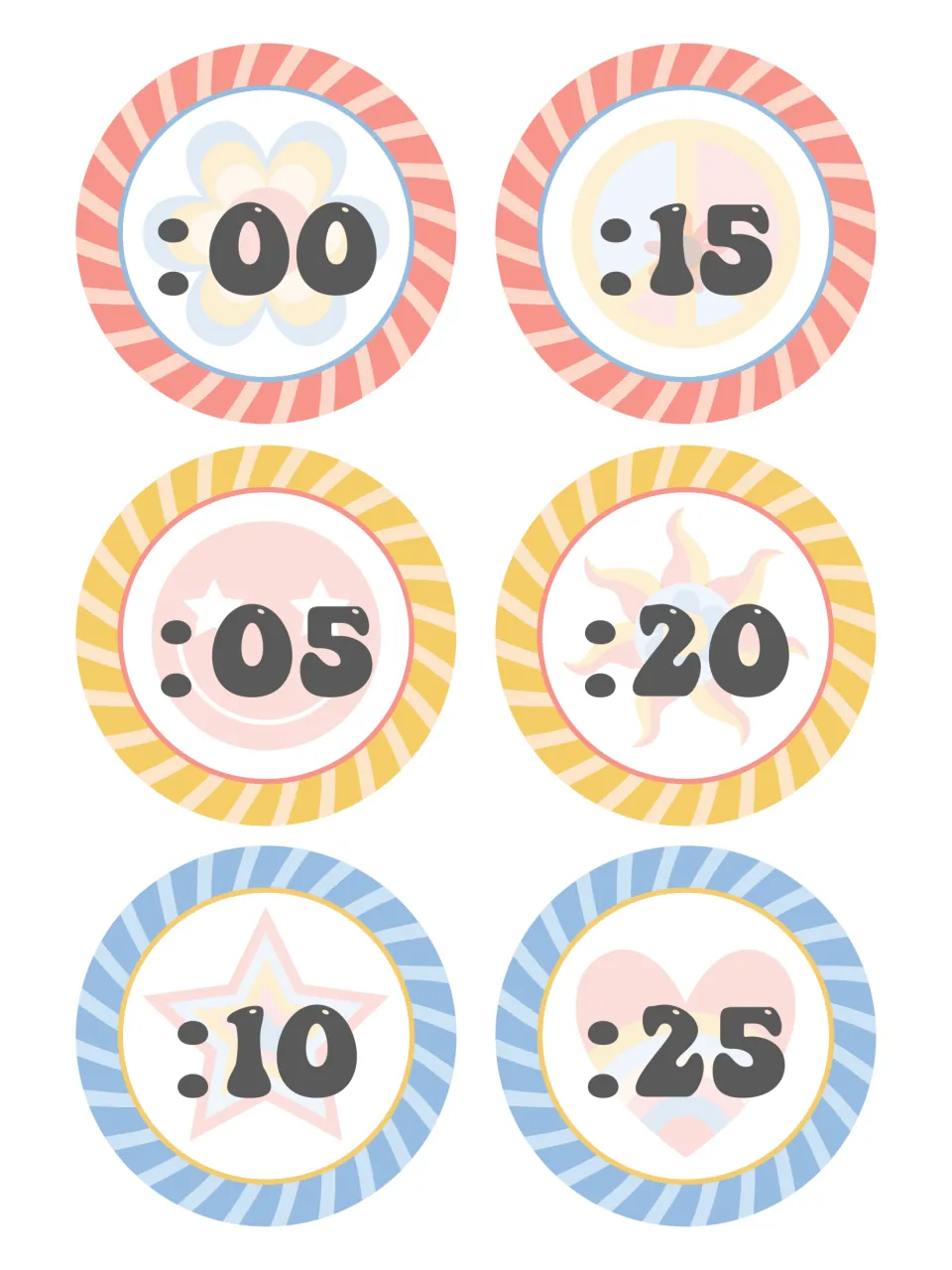 First sheet of six circular classroom clock labels: :00, :05, :10, :15, :20, and :25 for five-minute increments