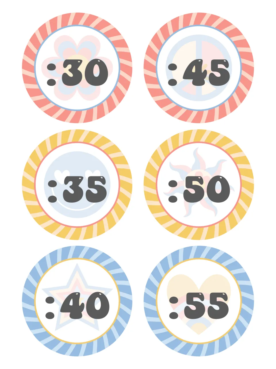 Second sheet of six circular classroom clock labels: :30, :35, :40, :45, :50, and :55 for five-minute increments