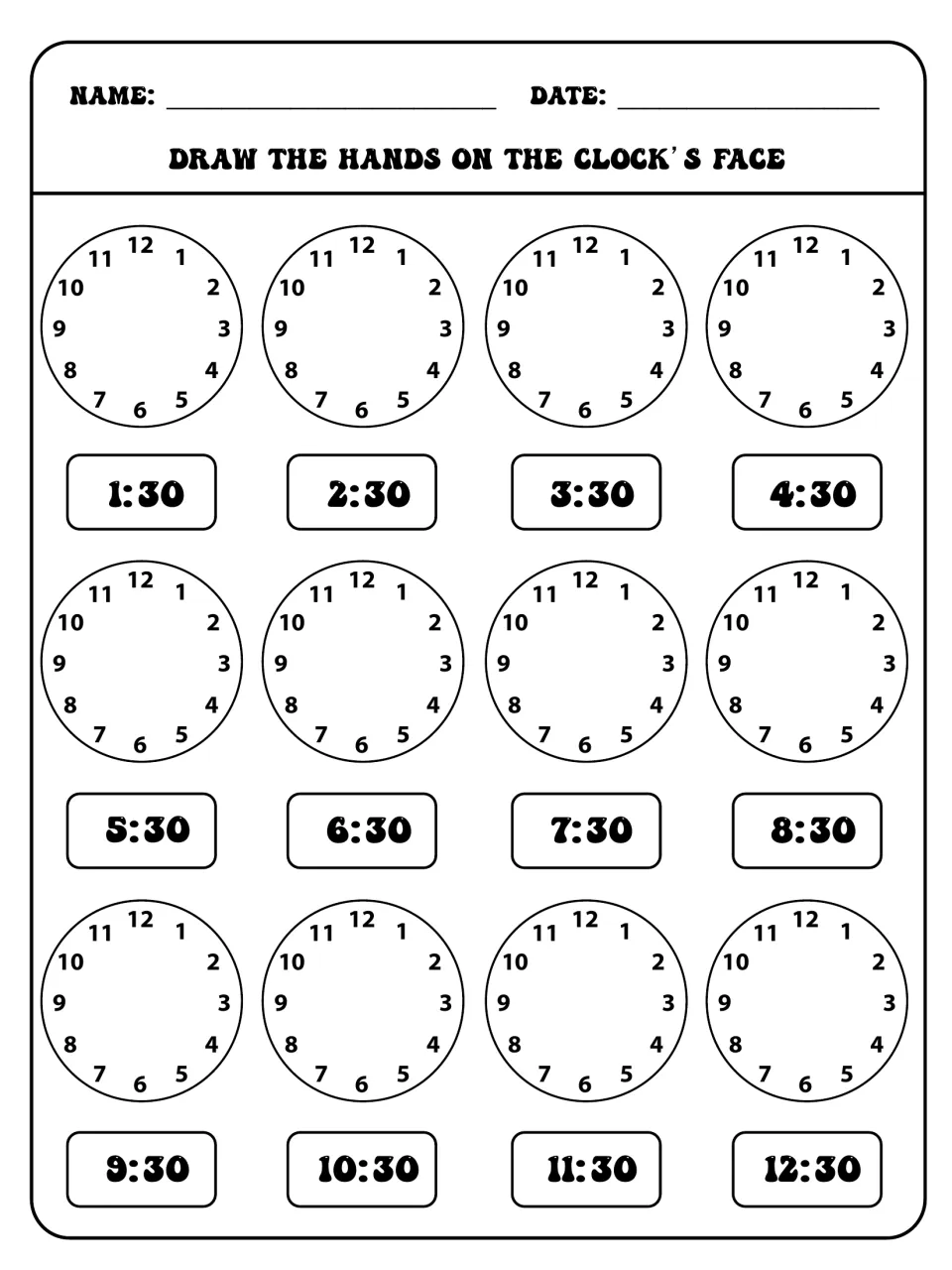 Clock practice worksheet asking students to draw hands on 12 clock faces for half-hour times from 1:30 to 12:30