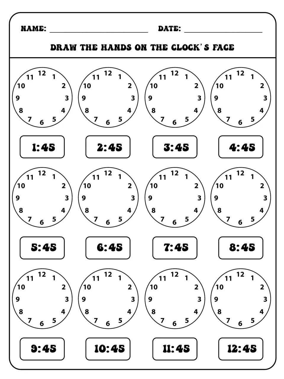 Clock practice worksheet asking students to draw hands on 12 clock faces for quarter-to times from 1:45 to 12:45