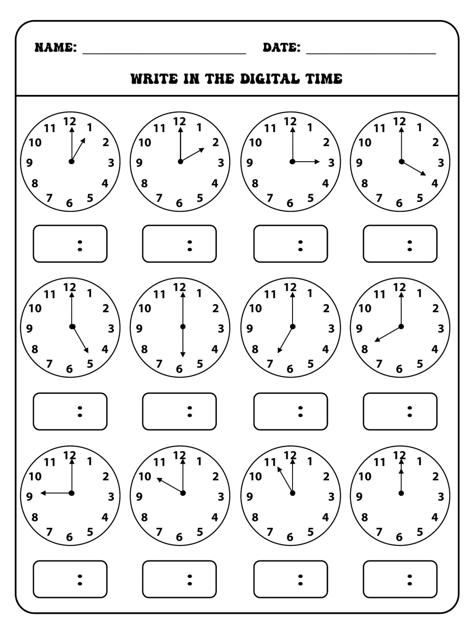 Digital time practice worksheet asking students to read 12 analog clocks showing whole hours from 1:00 to 12:00