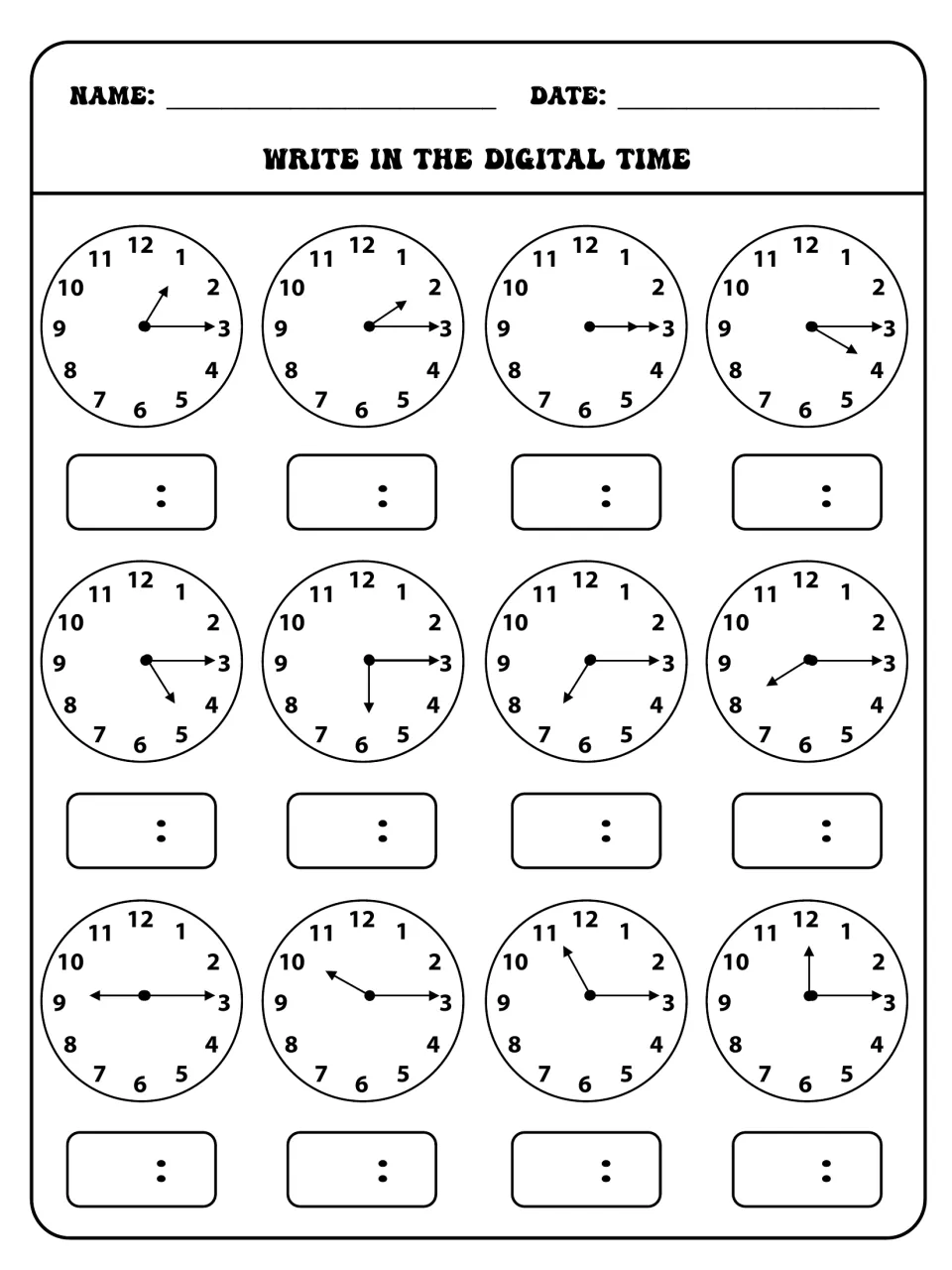 Digital time practice worksheet asking students to read 12 analog clocks showing quarter-past times, 1:15 to 12:15