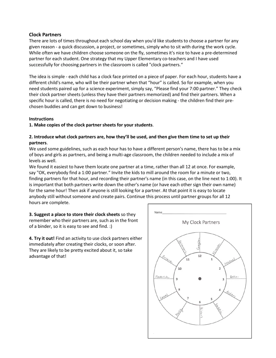 Teacher guide to pairing students by hour: steps to copy sheets, find one partner per hour, store sheets; filled-in sample