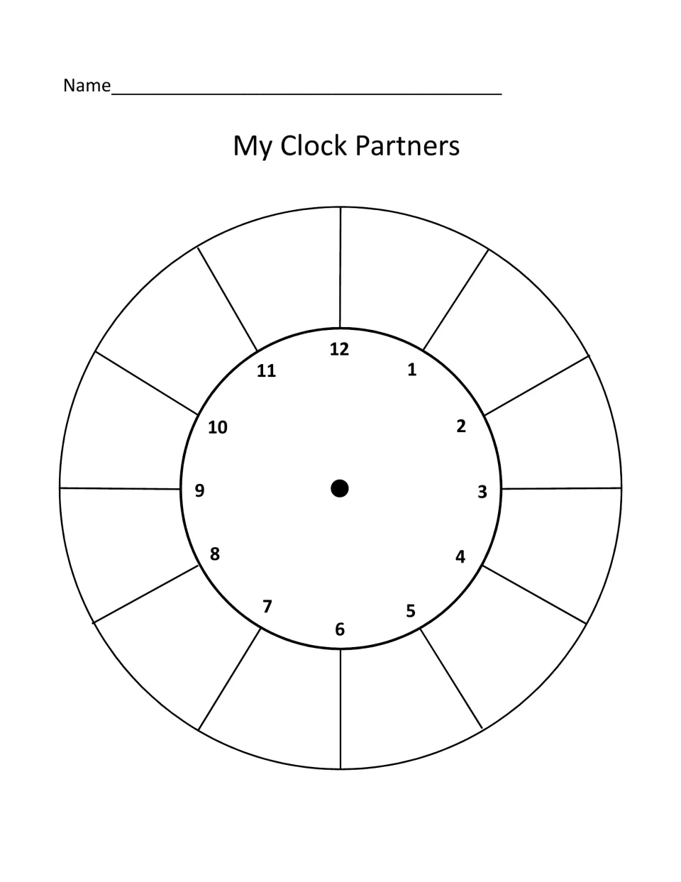 Partner clock sheet: students write a different classmate's name beside each hour from 1 to 12 to set up pre-chosen pairs