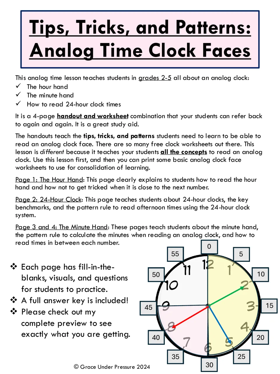 Tips, Tricks, and Patterns: Analog Time Clock Faces cover listing hour hand, minute hand and 24-hour clock lessons