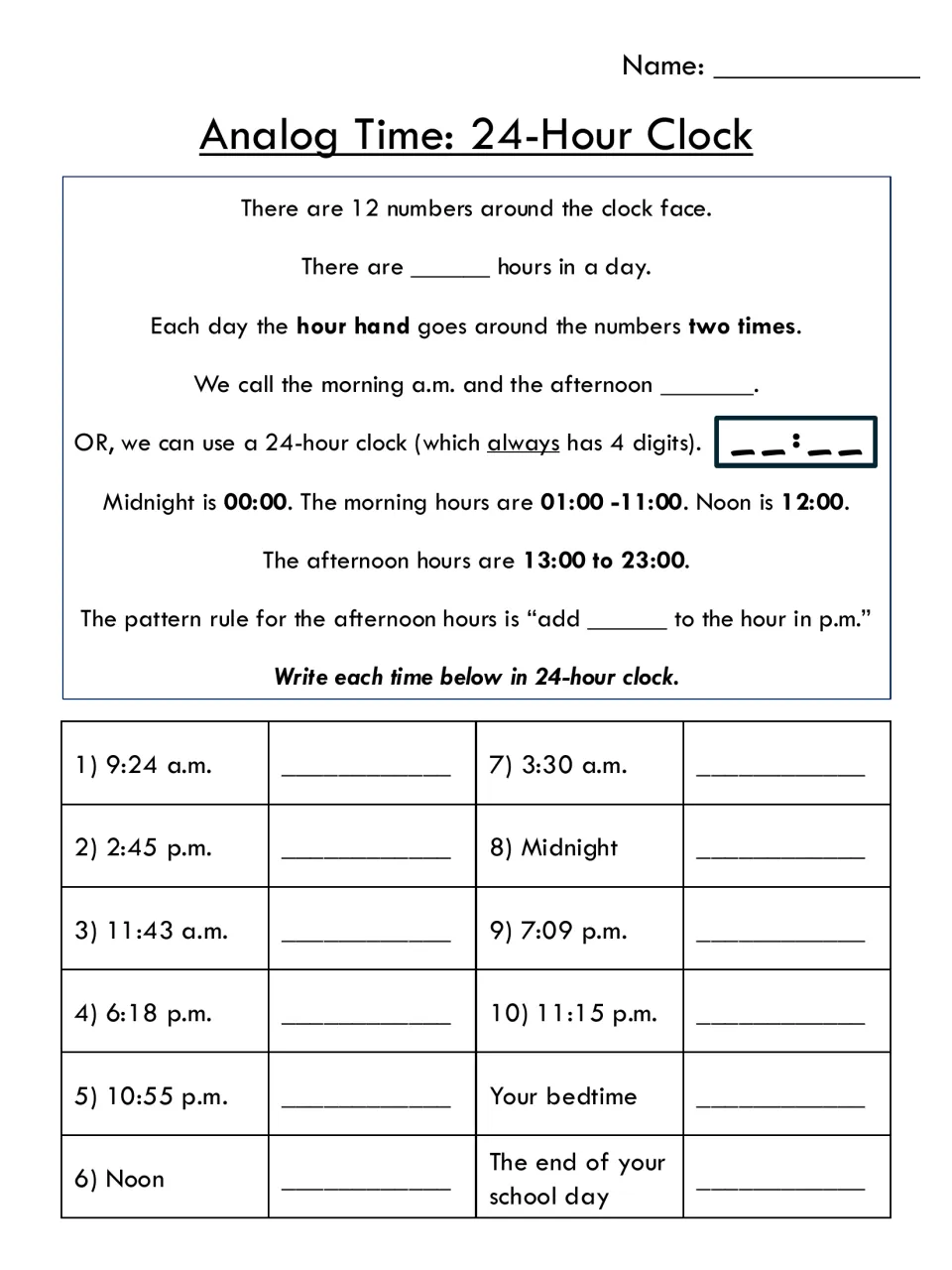 24-hour clock: students complete the afternoon pattern rule and convert a.m./p.m. times, noon and midnight to 4 digits
