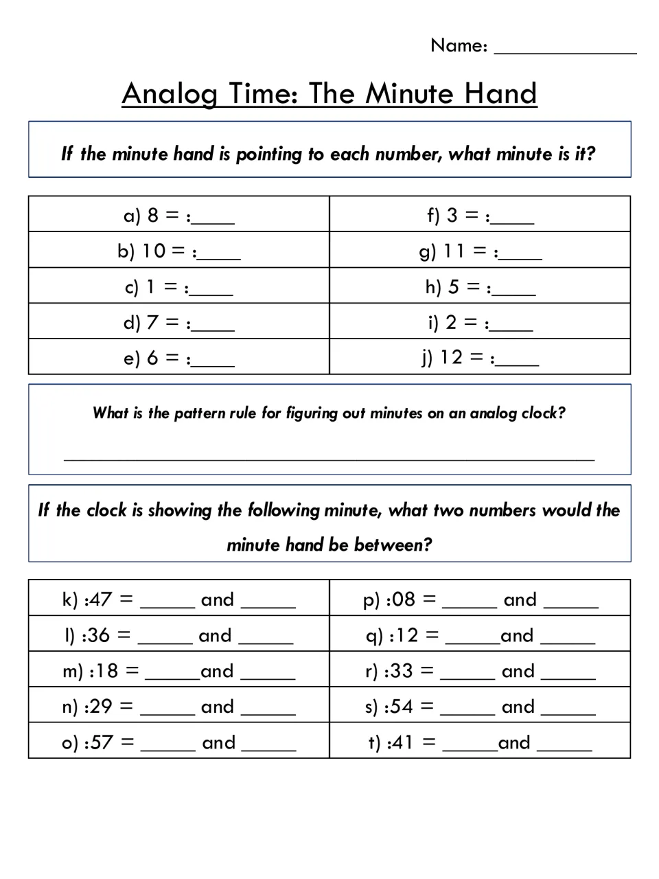 Minute hand practice: students turn clock numbers into minutes, write the pattern rule and name numbers a time falls between
