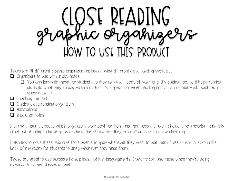 Close reading organizers guide: teacher notes on 14 organizers, sticky-note use, chunking, annotations and 2-column notes