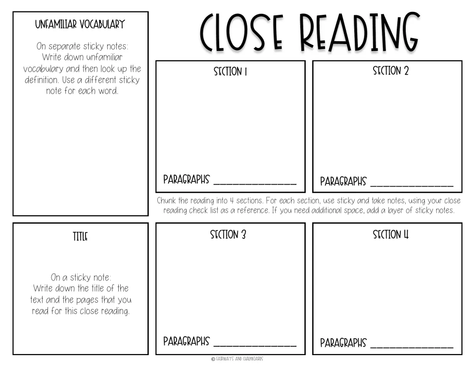 Chunking the text: students split a reading into 4 sections, note paragraph ranges, and log vocabulary on sticky notes