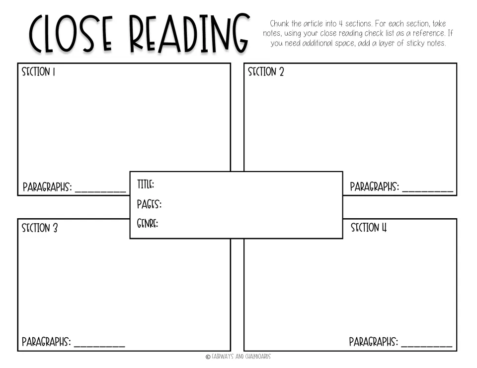 Chunking an article: students take notes on 4 sections with paragraph ranges, plus the text's title, pages and genre