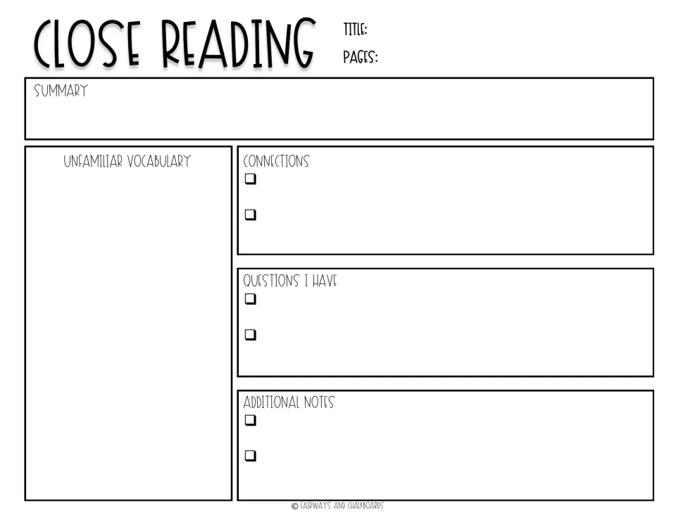 Close reading note sheet: summary and vocabulary plus checkbox bullet points for connections, questions I have and notes