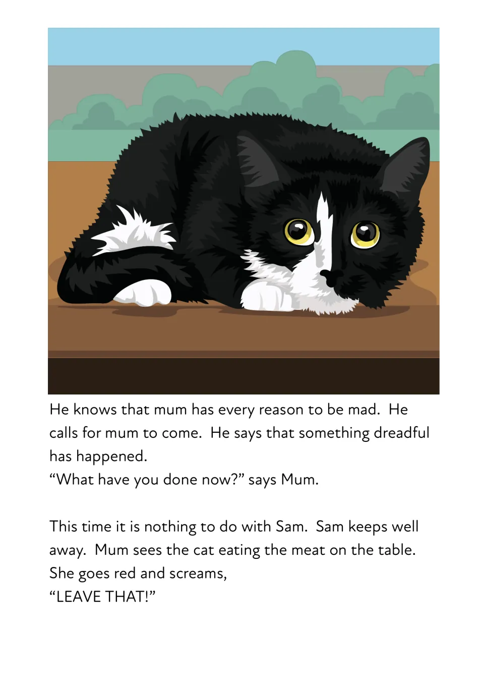 Story part 2: Sam tells Mum something dreadful has happened; she finds the cat eating the meat and screams LEAVE THAT