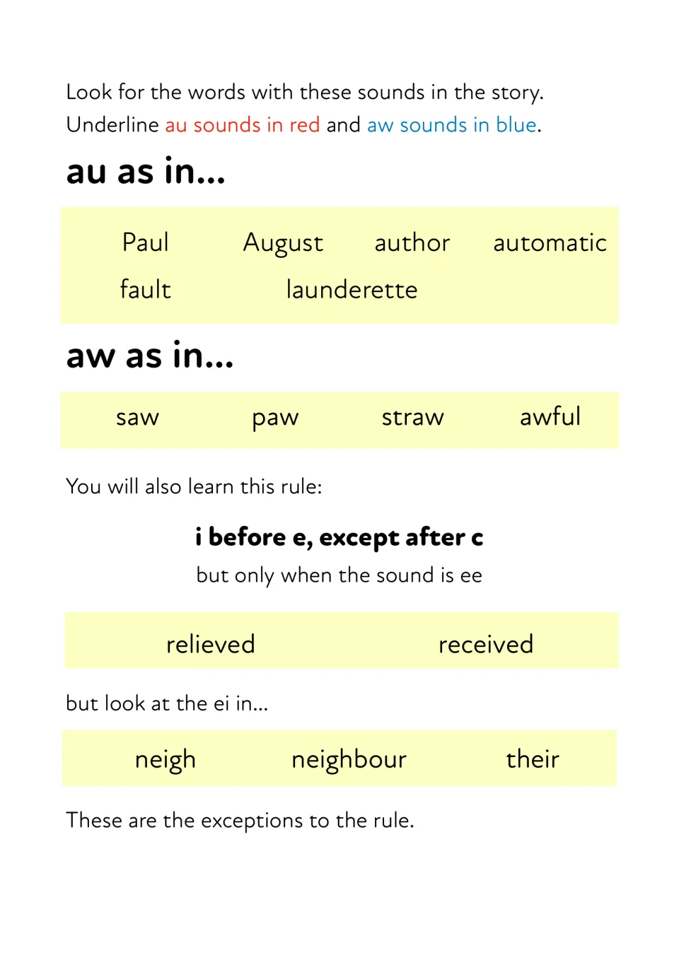 Phonics: underline au words in red and aw words in blue in the story; also the i before e rule, its examples and exceptions