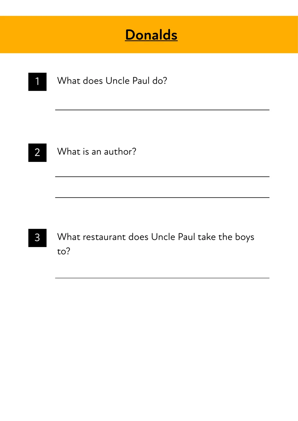 Donalds comprehension questions 1 to 3: what Uncle Paul does, what an author is, and which restaurant they visit