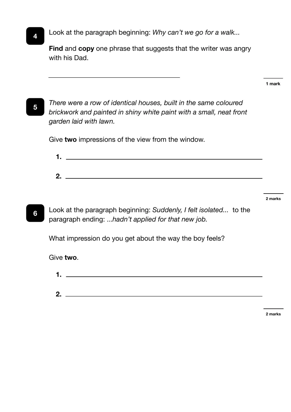 Questions 4-6 on Changes: copy a phrase showing anger, give two impressions of the view and two of how the boy feels