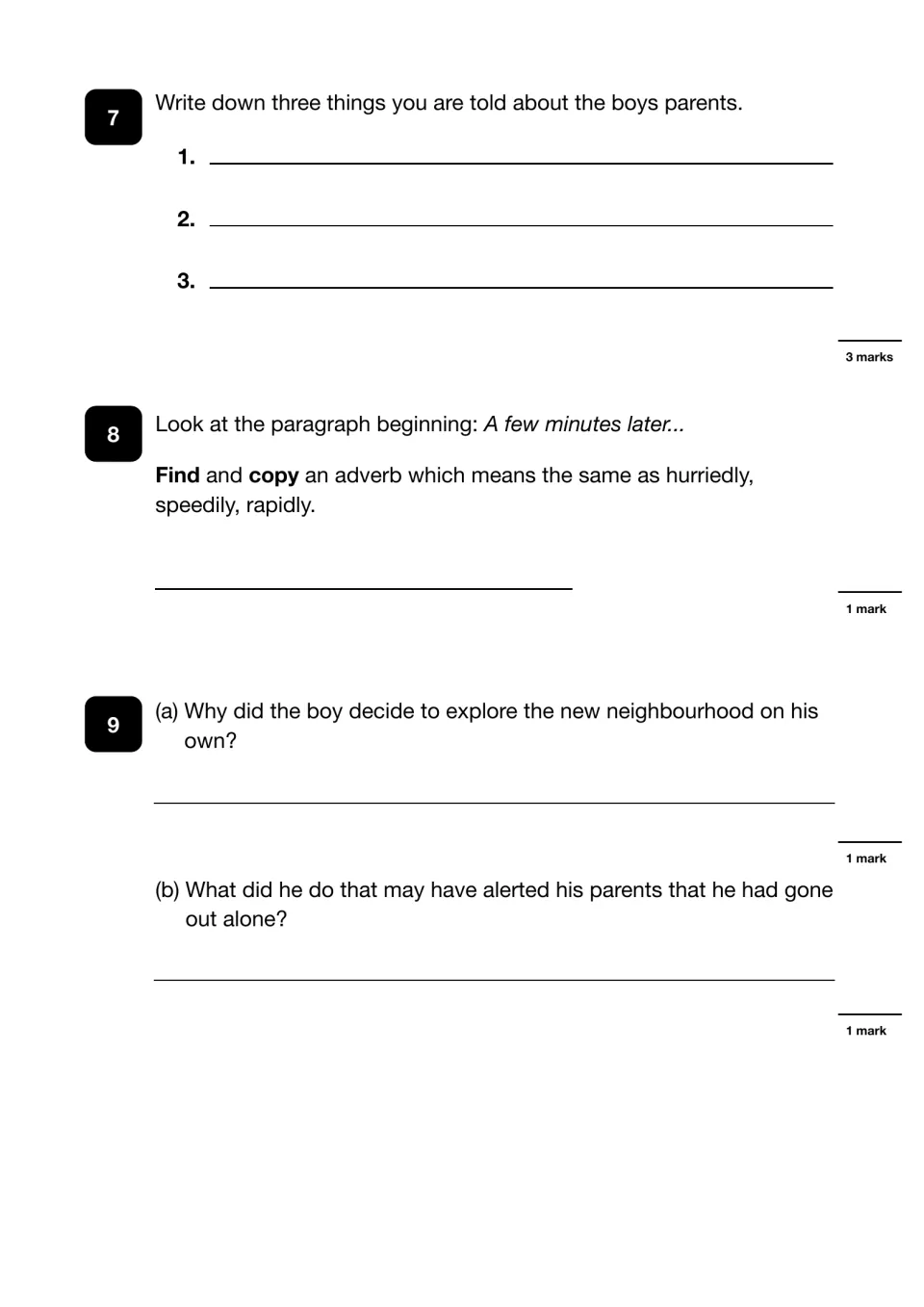 Questions 7-9 on Changes: list three facts about the parents, copy an adverb meaning hurriedly, and explain his choices