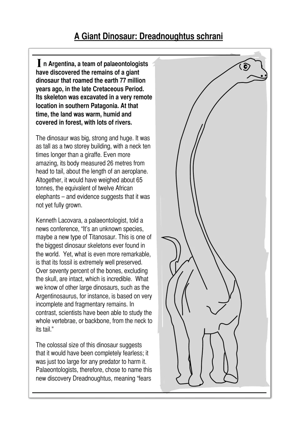 Non-fiction article 'A Giant Dinosaur: Dreadnoughtus schrani' on a fossil found in Patagonia, its size and name