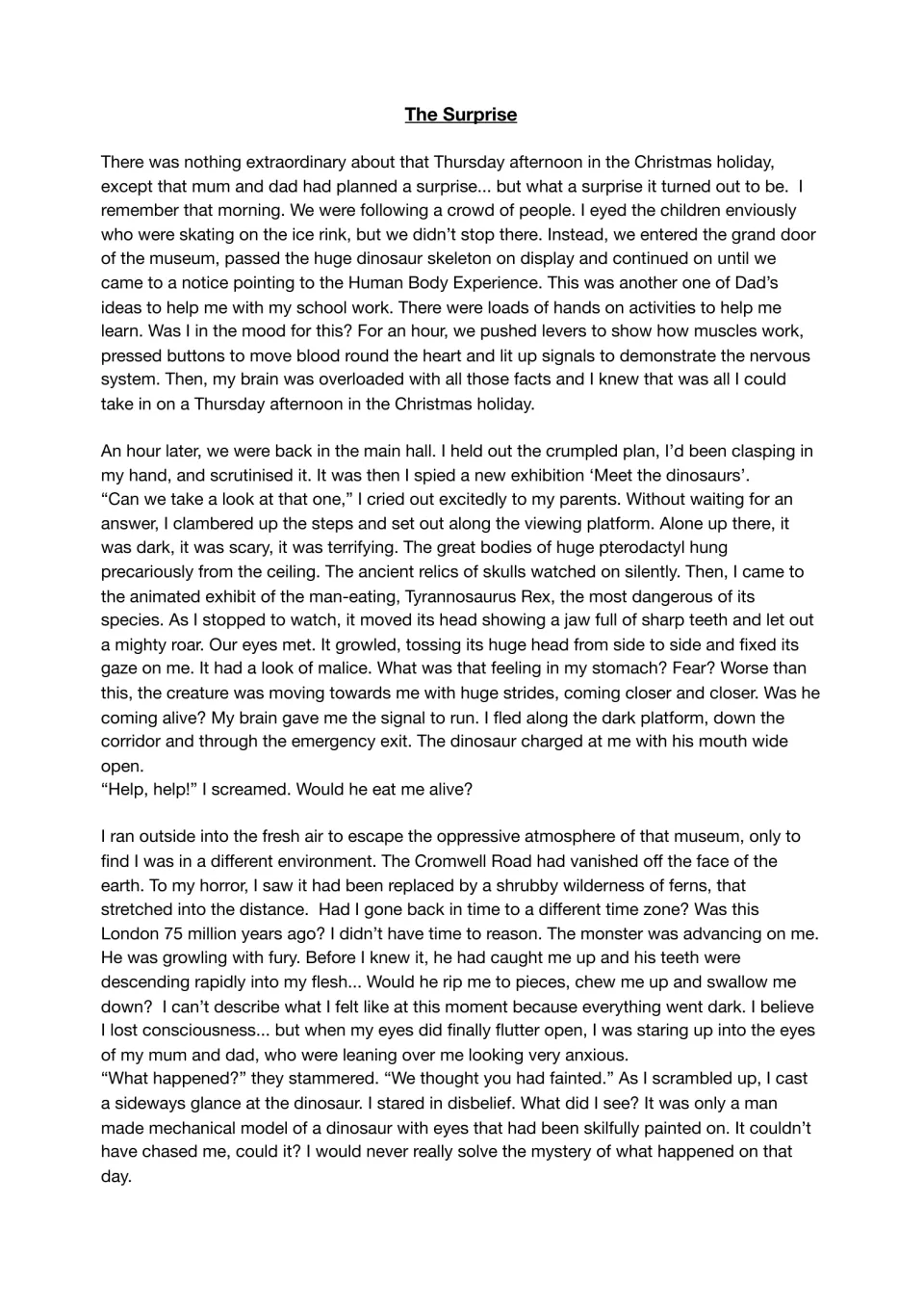 Fiction story 'The Surprise': a child at a museum is chased by a T. rex exhibit and wakes to find it a mechanical model