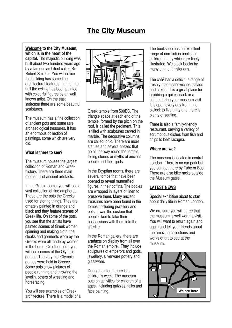 'The City Museum' leaflet on Greek, Egyptian and Roman galleries, café, bookshop and location, with a 'We are here' map