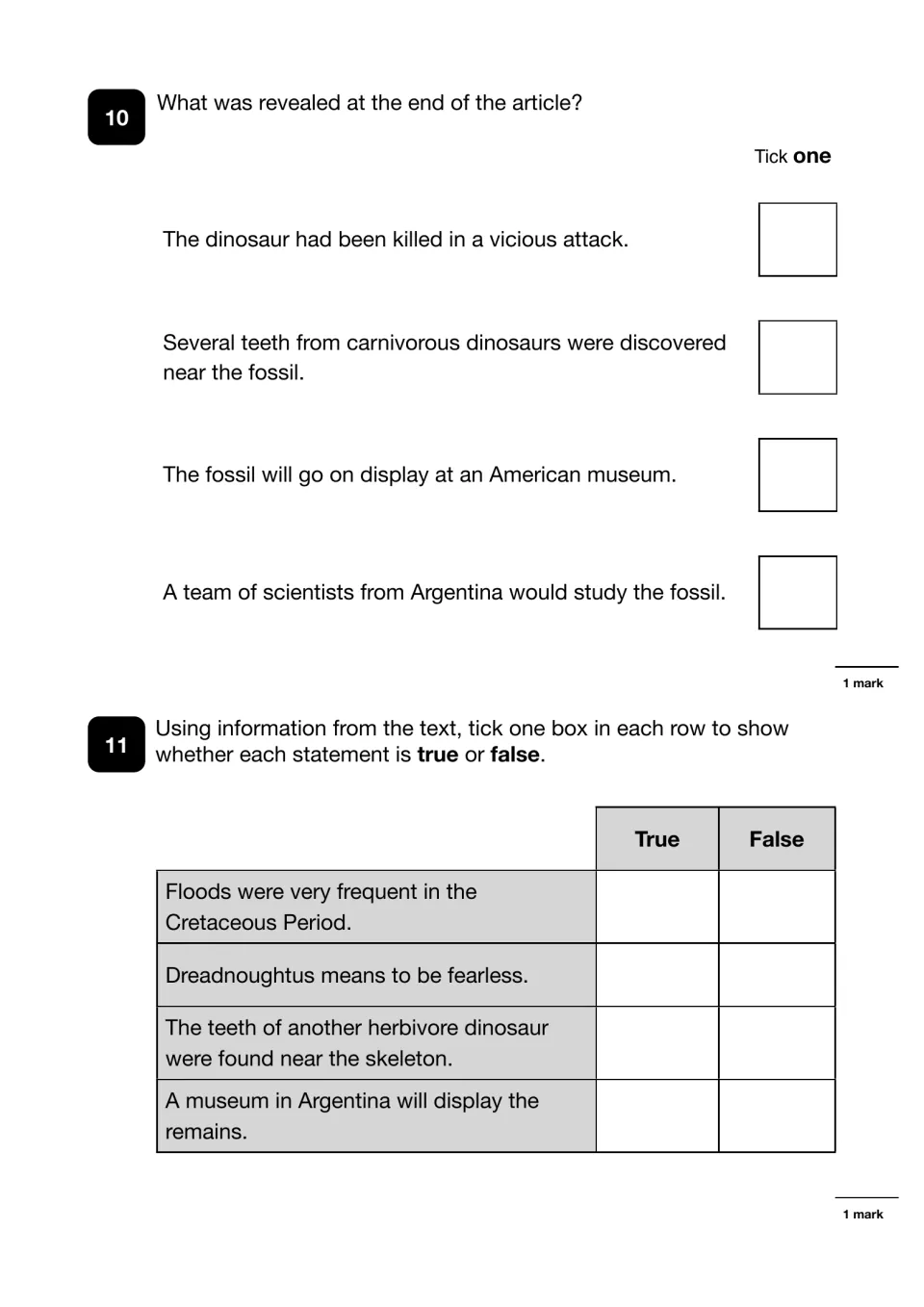 Dinosaur article questions 10-11: tick what the ending revealed, mark four statements about Dreadnoughtus true or false