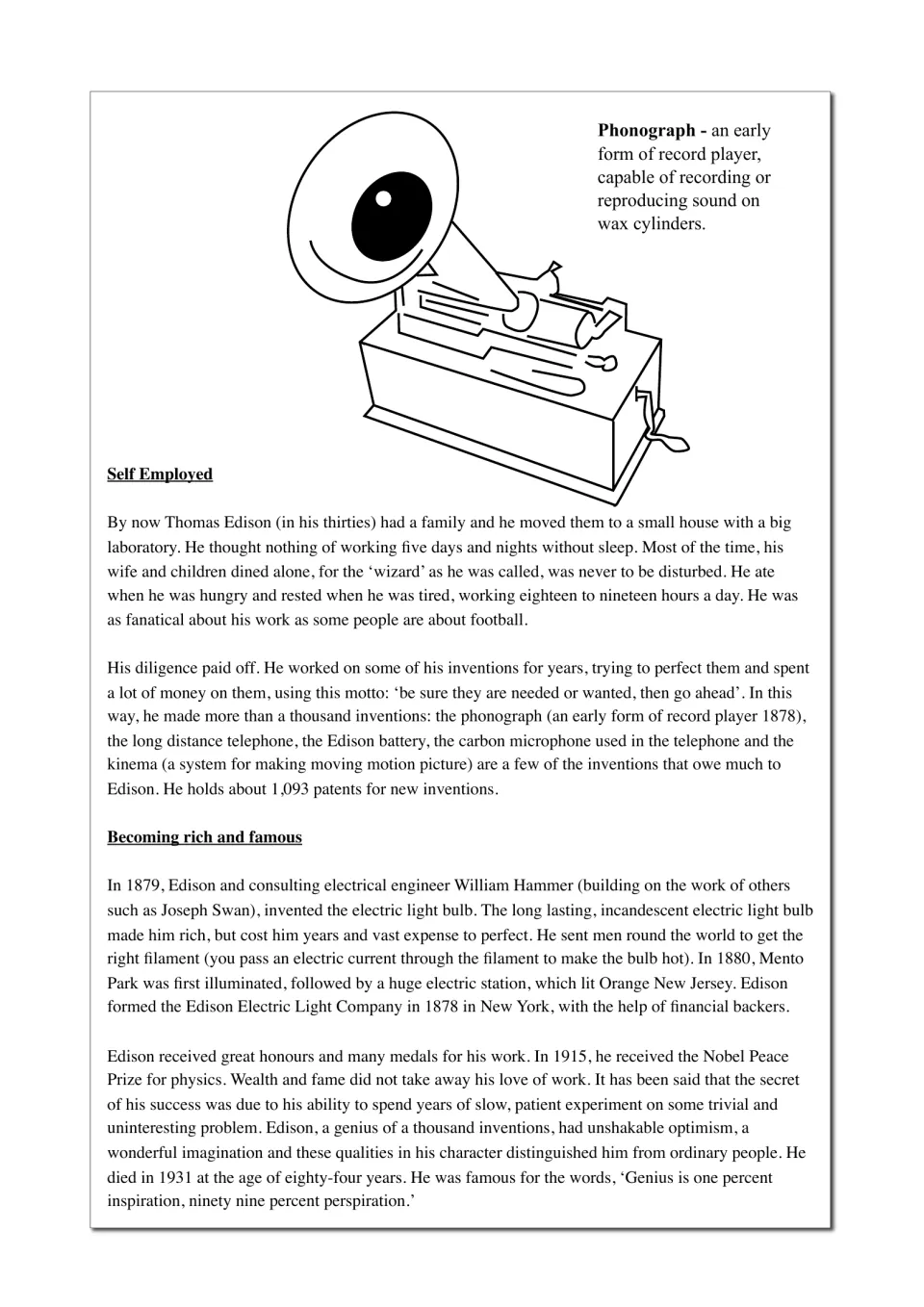 Thomas Edison biography, part 2: his phonograph, light bulb, 1,093 patents and later fame, with a phonograph drawing