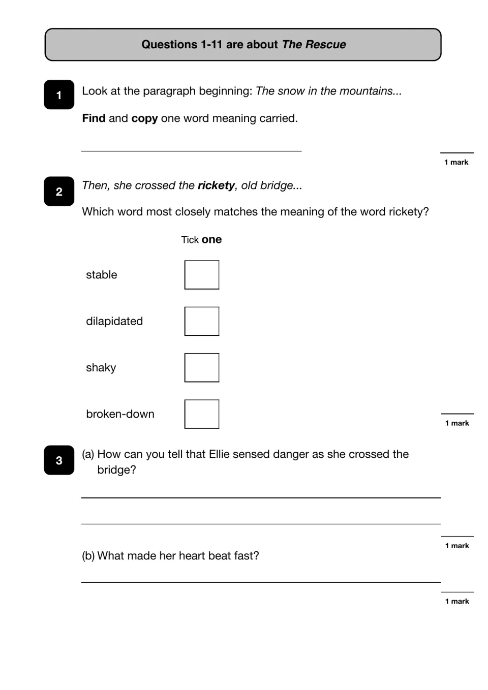 The Rescue questions 1-3: students find a word meaning carried, tick a synonym for rickety and explain Ellie's fear