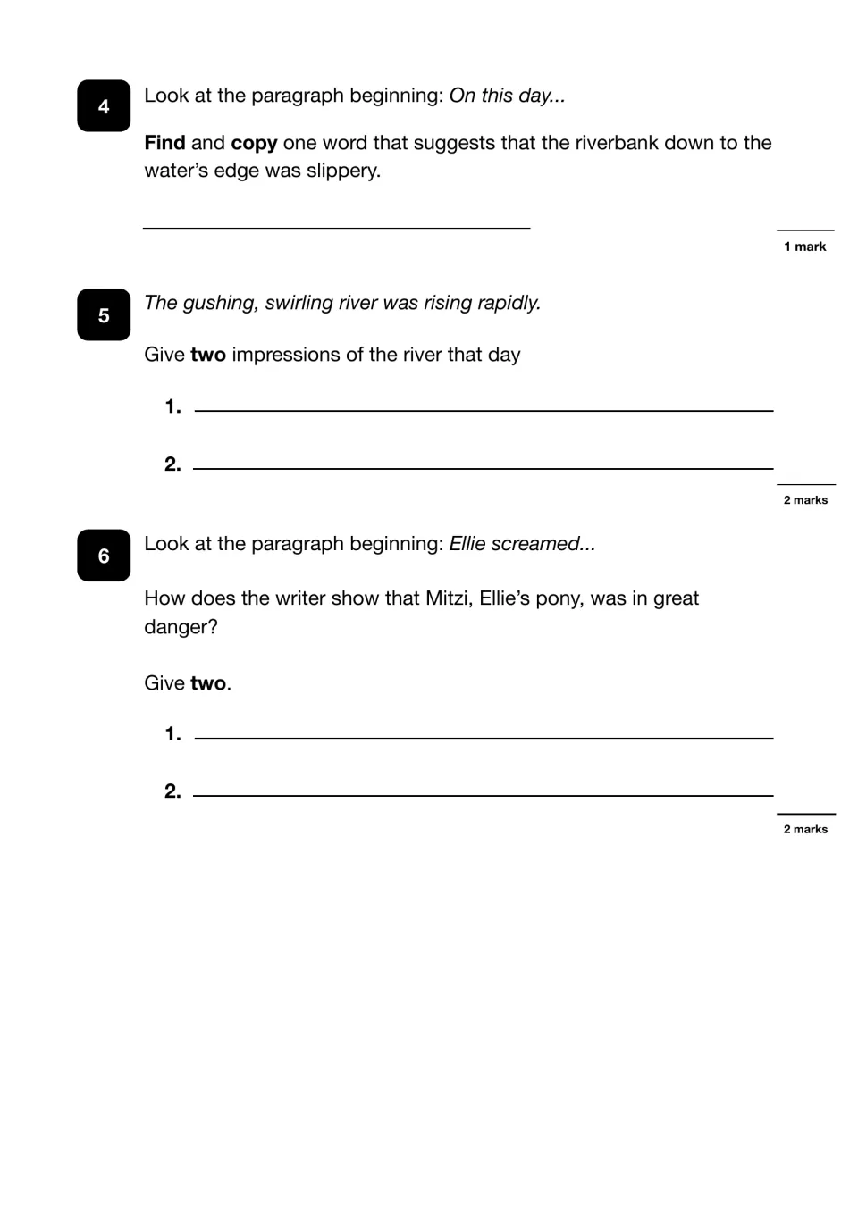 Rescue questions 4-6: students find a word showing the bank was slippery, describe the river and explain Mitzi's danger