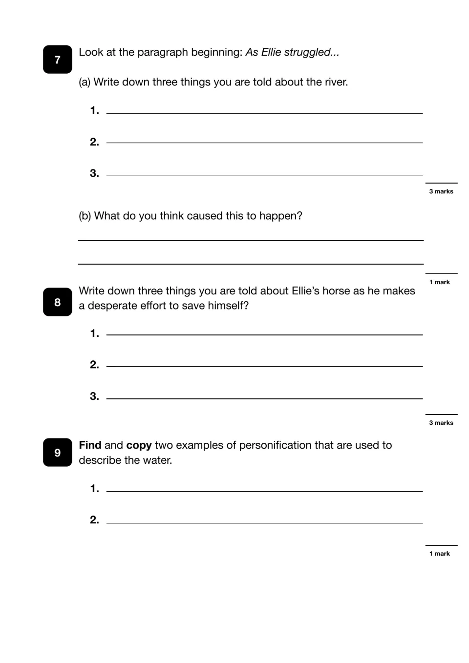 Rescue questions 7-9: students list facts on the river and pony's escape, infer a cause and find personification
