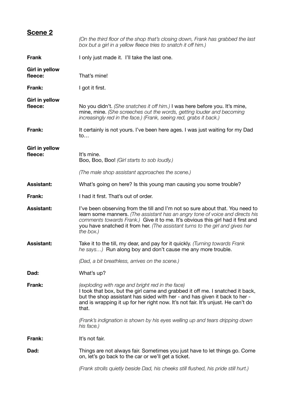 Scene 2: Frank and a girl in a yellow fleece argue over the last game box, and the shop assistant sides with her