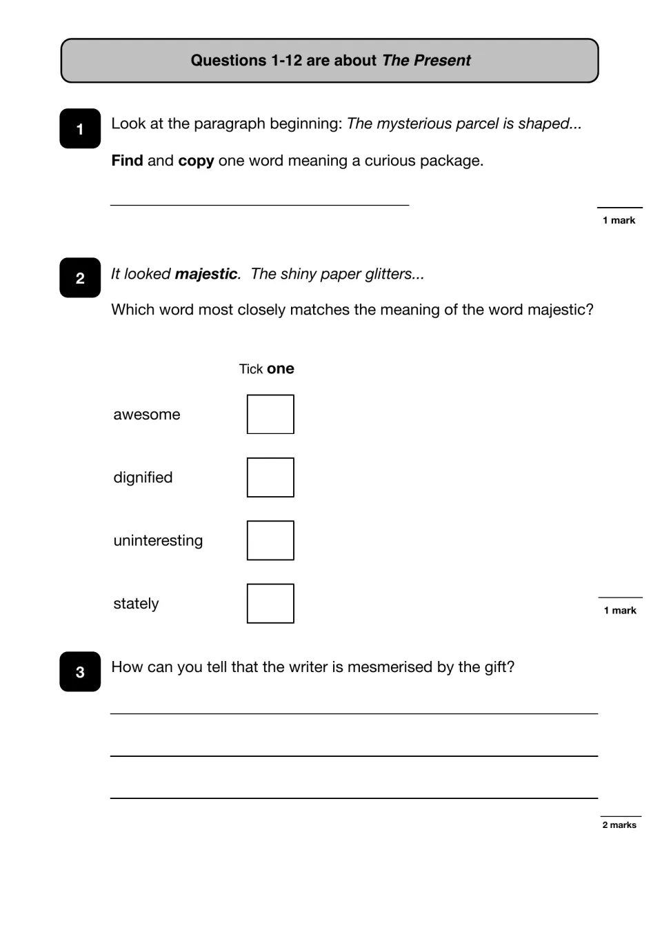 First passage questions 1–3 ask about word meanings and evidence that the narrator is mesmerized by the gift.