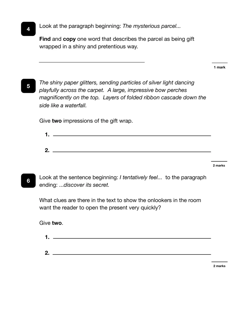 First passage questions 4–6 ask about gift-wrap vocabulary, impressions, and clues that onlookers are eager.