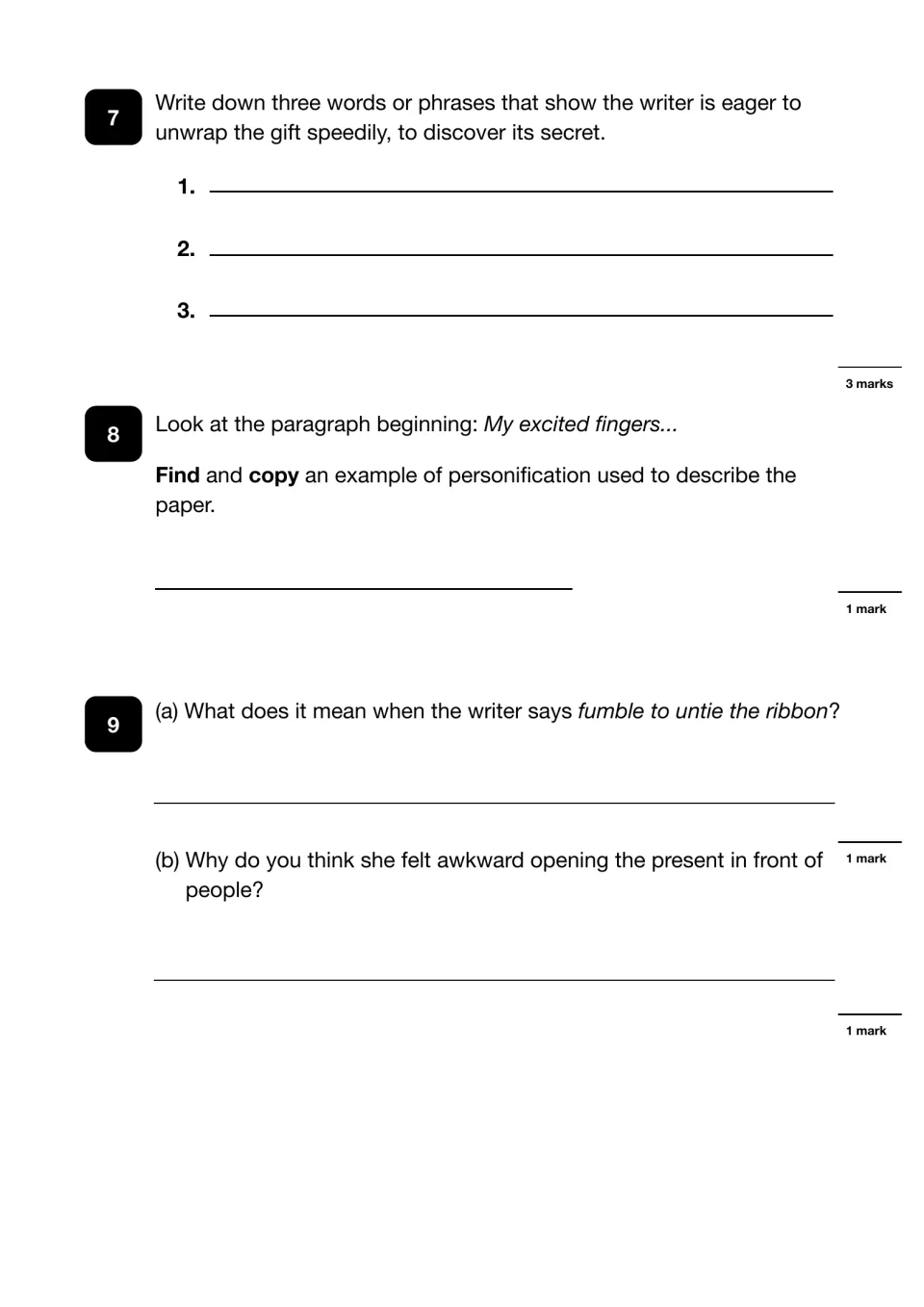 First passage questions 7–9 cover eager actions, personification, fumbling with ribbon, and feeling awkward.