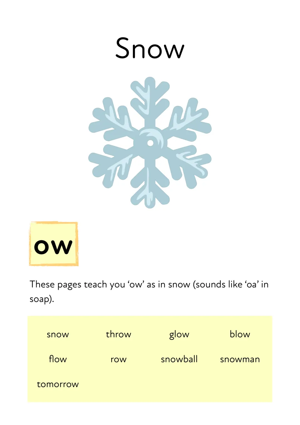 Snow title page introducing the 'ow' sound as in snow, with a snowflake and nine ow words such as throw, glow and tomorrow