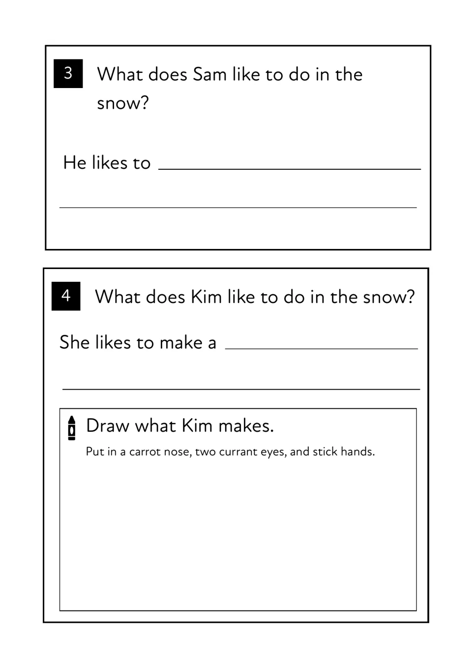 Questions 3 and 4 on what Sam and Kim like to do in snow; students draw Kim's snowman with carrot nose and stick hands