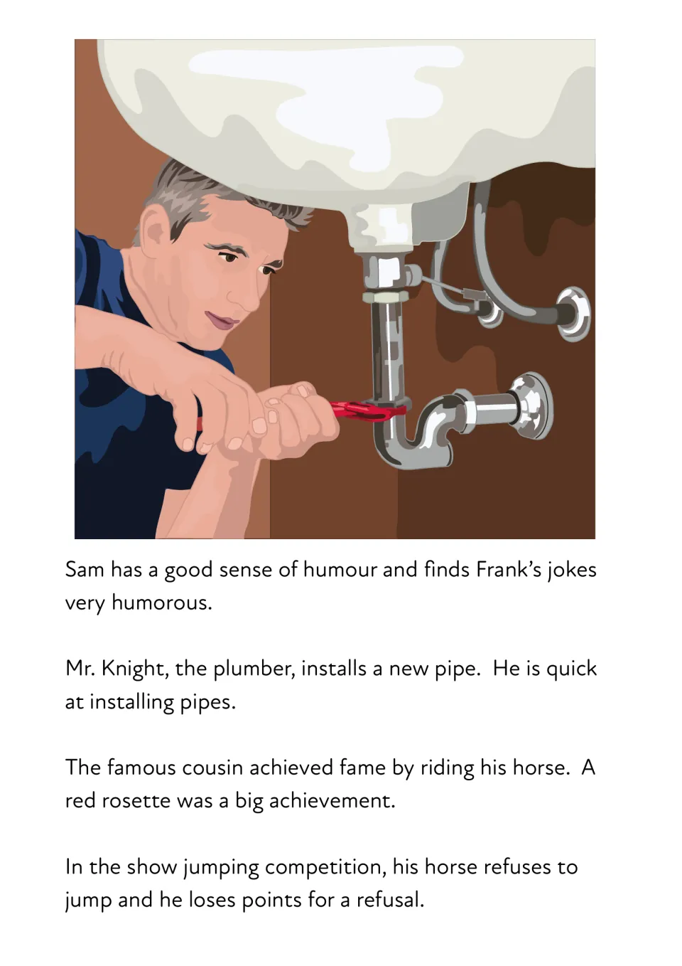 Suffix reading passage: a plumber fixes a sink pipe; sentences pair humour/humorous, install/installing, refuse/refusal