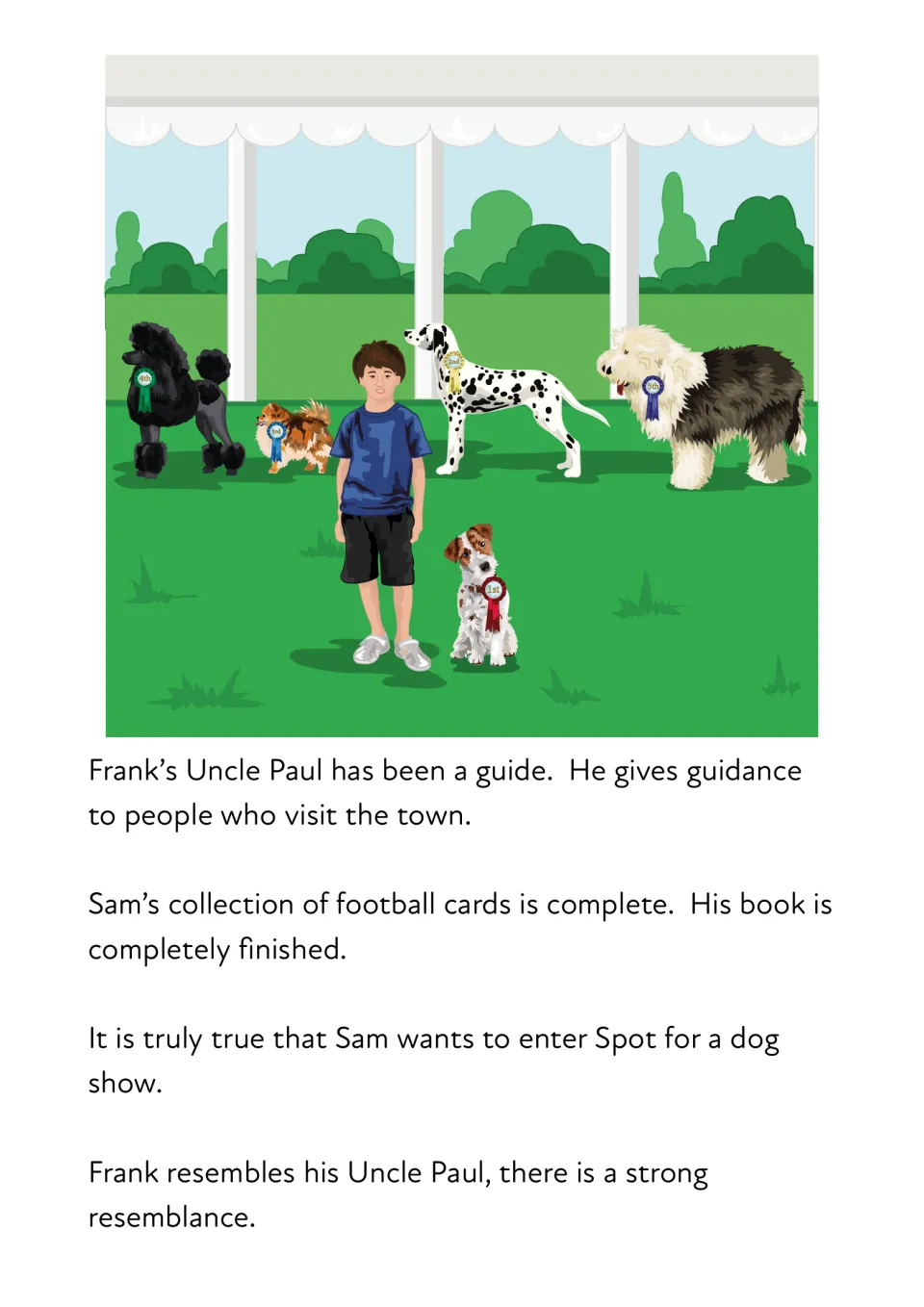 Suffix sentences at a dog show: students read guide/guidance, complete/completely, true/truly, resemble/resemblance