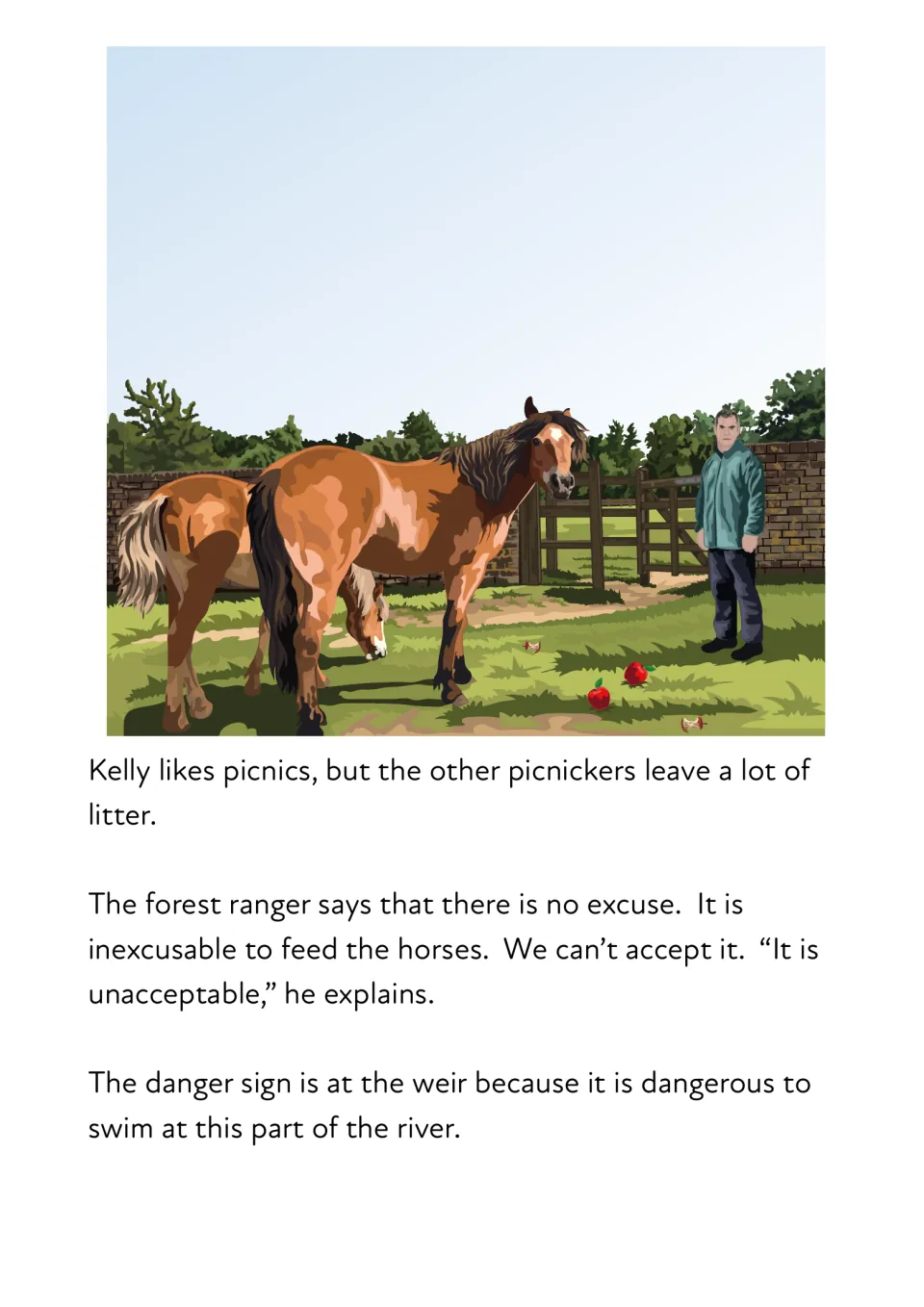 Prefix and suffix sentences beside horses and a ranger: picnickers, inexcusable, unacceptable and dangerous to read