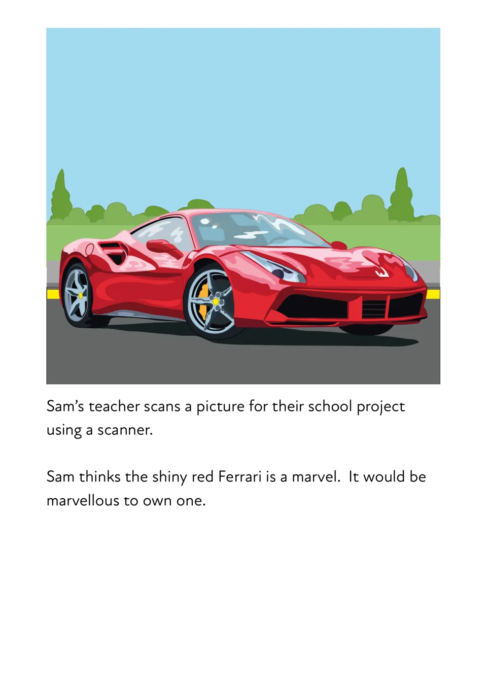 Suffixes in two sentences beside a red sports car: scan becomes scanner and marvel becomes marvellous