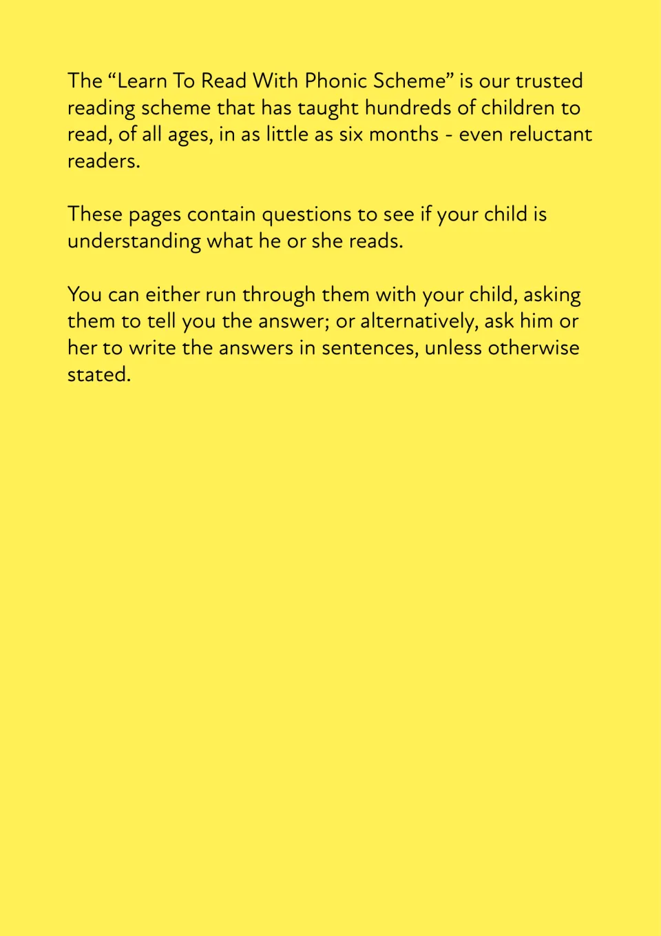 Parent note on the Learn To Read With Phonic Scheme explaining children can answer the questions aloud or in sentences
