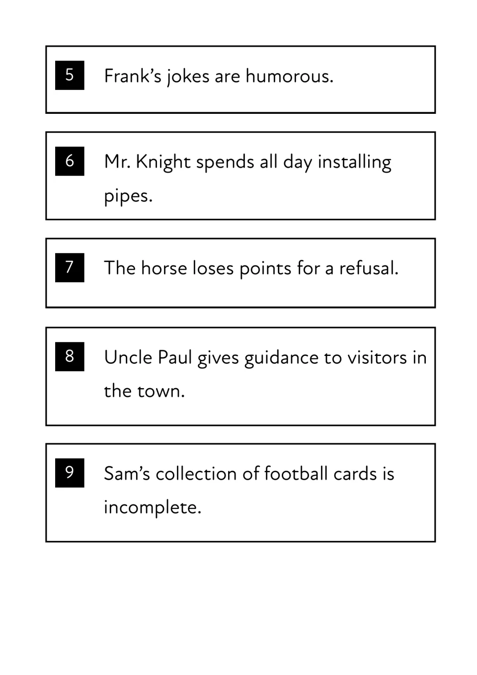 Underlining practice continued: students mark the prefix or suffix in items 5 to 9, from humorous to incomplete