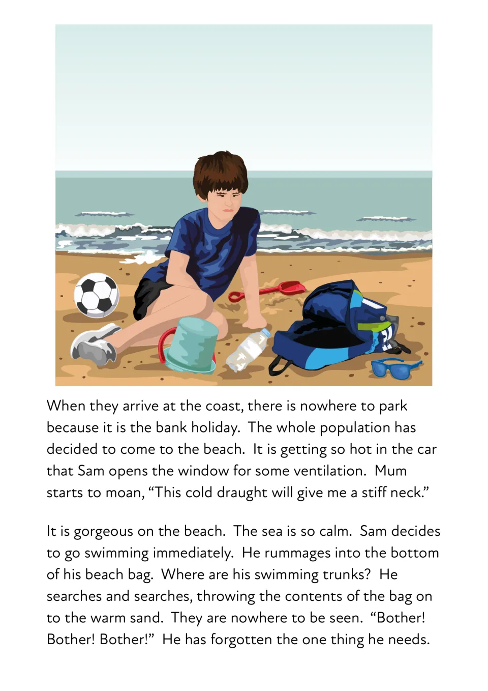 Story continuation: the family struggles to park at the beach, and Sam discovers he forgot his swim trunks.