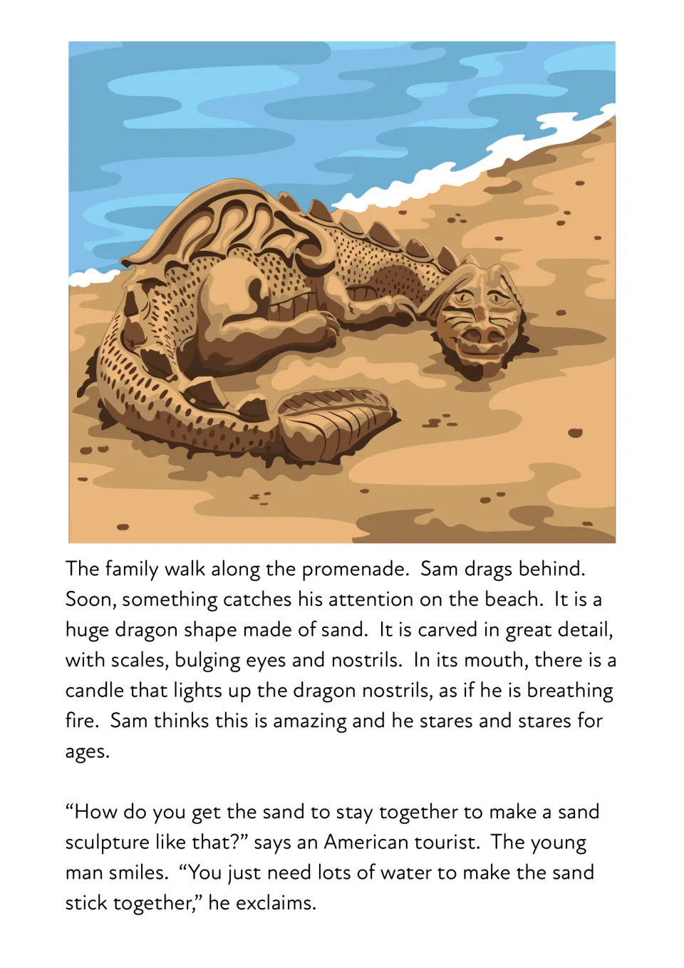 Story continuation: Sam admires a sand dragon, and its sculptor explains that water holds the sand together.